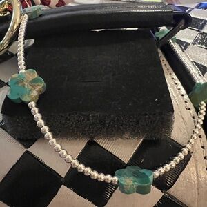 Turquoise Flower Bead Silver Necklace - Women Jewelry